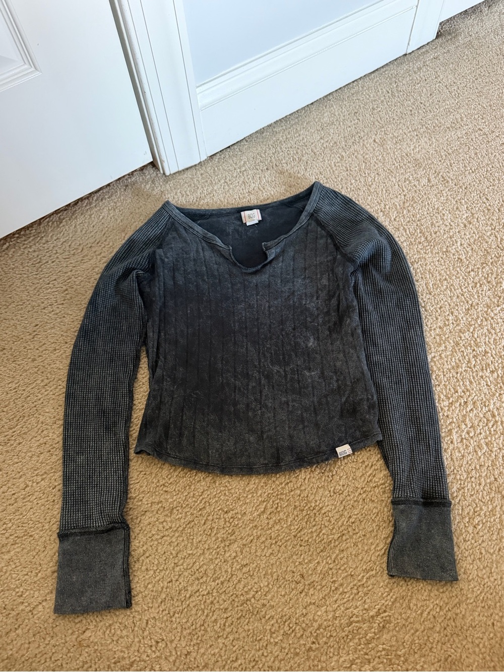BDG Washed Charcoal Gray Ribbed Long Sleeve Top